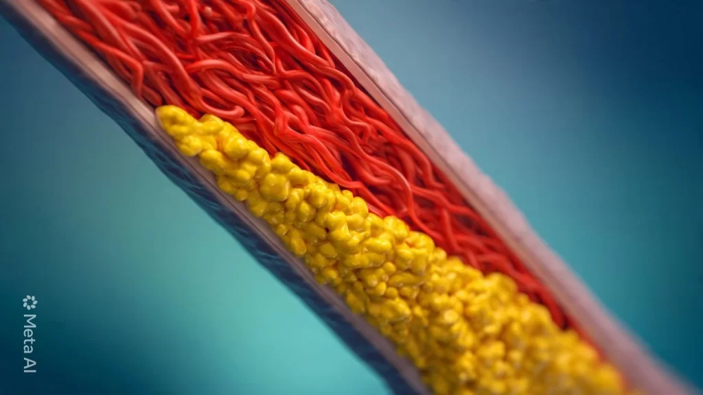 3D medical illustration showing a cross-section of an artery with red blood cells flowing, partially blocked by yellow cholesterol and Lp(a) plaque buildup on the arterial wall, representing atherosclerosis and heart disease risk