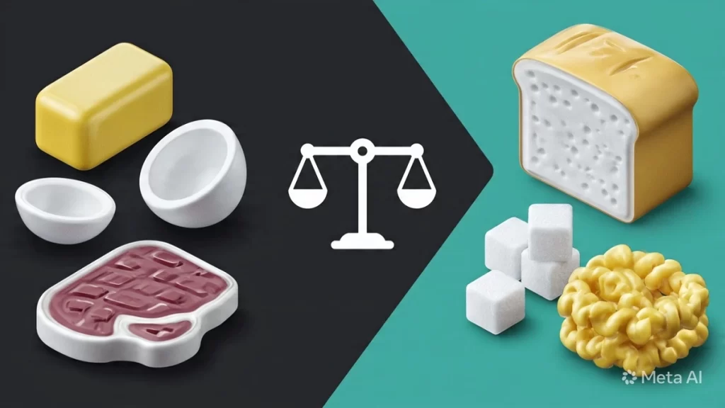 Horizontal infographic comparing saturated fats and refined carbohydrates for heart disease risk, showing butter, coconut oil, meat versus bread, sugar, pasta with balance scale icon, for lyproc.com