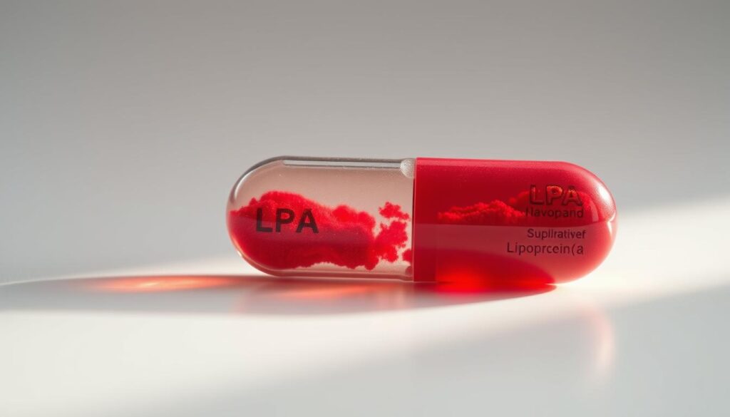 A high-resolution close-up photograph of an LPA (Lipoprotein(a)) supplement capsule resting on a white surface, illuminated by soft, natural lighting from the side. The capsule has a transparent shell revealing the crimson-colored liquid or powder inside. The focus is crisp, emphasizing the intricate details of the supplement's design and packaging. The background is minimalist, allowing the LPA capsule to be the central, attention-grabbing element of the image. The overall mood is one of scientific precision, highlighting the innovative nature of this specialized cholesterol-related supplement.