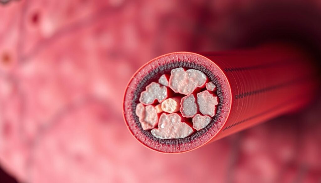 A microscopic cross-section of a human artery, showcasing the intricate plaque composition. In the foreground, a detailed representation of the plaque, with its layers of cholesterol, calcium, and fibrous tissue visible. The middle ground depicts the arterial wall, with its smooth muscle cells and elastic lamina. In the background, a subtle, blurred view of the surrounding tissue, providing context and depth. Warm, muted tones evoke a sense of scientific exploration, while the precise, high-resolution rendering captures the complex nature of atherosclerosis development. Shot with a high-powered microscope lens, using soft, diffused lighting to highlight the intricate structures.