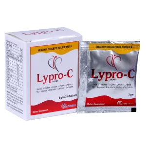 image of lypro-c box and a sachet to lower bad cholesterol and lpa and heart health