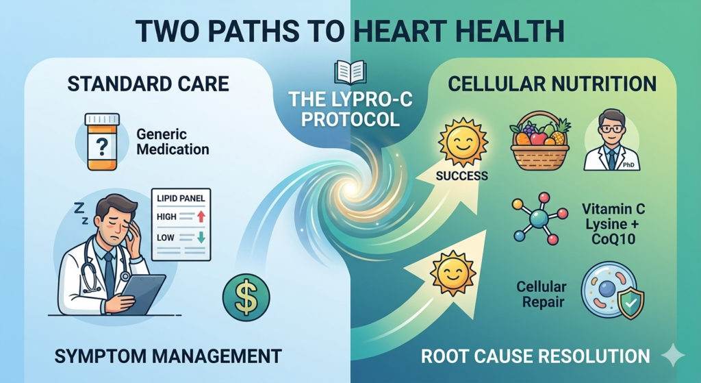 Infographic comparing Lp(a) lowering vs. fixing the artery by Dr. Balaram Dhotre, PhD Lp(a) vs actually helping arteries repair by Dr. Balaram Dhotreapproaches followed for heart health