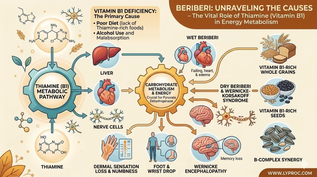 Vitamin-B1-thiamine-deficiency-causes-beriberi.-Poor-diet-alcohol-use-and-malabsorption-lead-to-wet-beriberi-heart-failure-and-edema-and-dry-beriberi-nerve-damage-numbness-foot-drop.webp