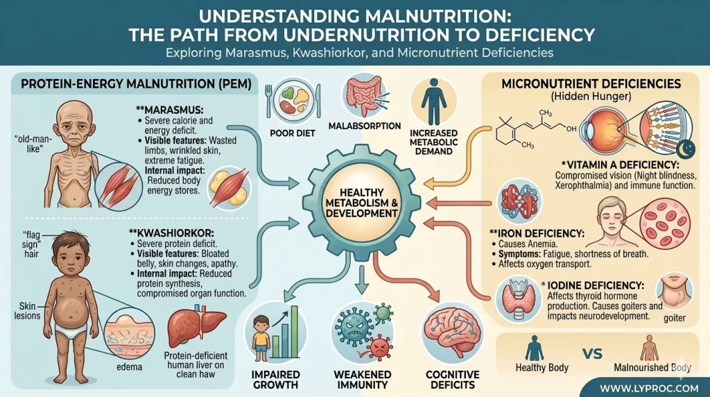 The two main types of malnutrition are marasmus (calorie deficiency causing wasting) and kwashiorkor (protein deficiency causing swelling). Both prove that disease is caused by deficiency, not by eating excess saturated fat.